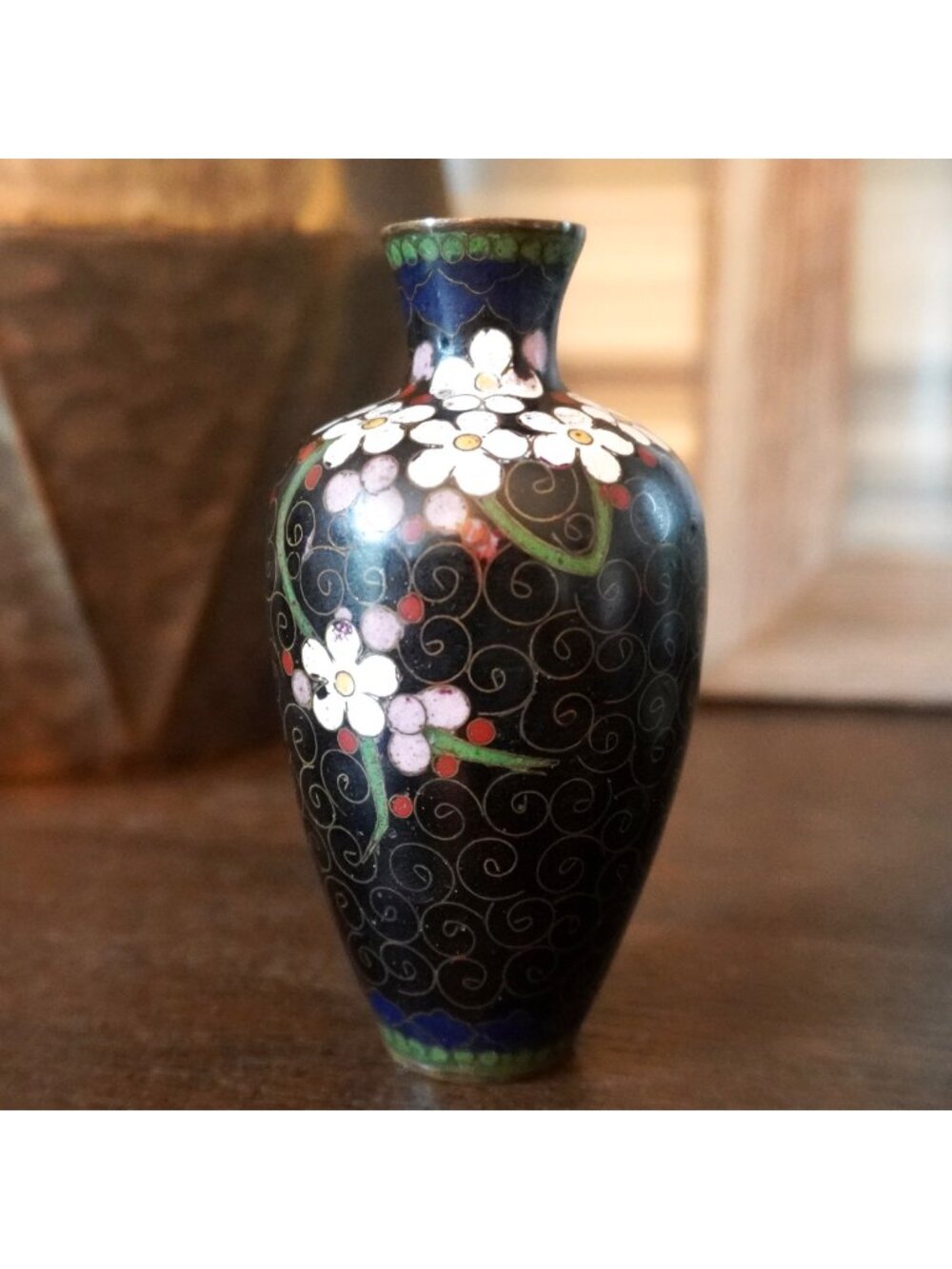 VTG Cloisonne Miniature Vase 4” Black Floral Prunus Enamel Brass Bud Vase